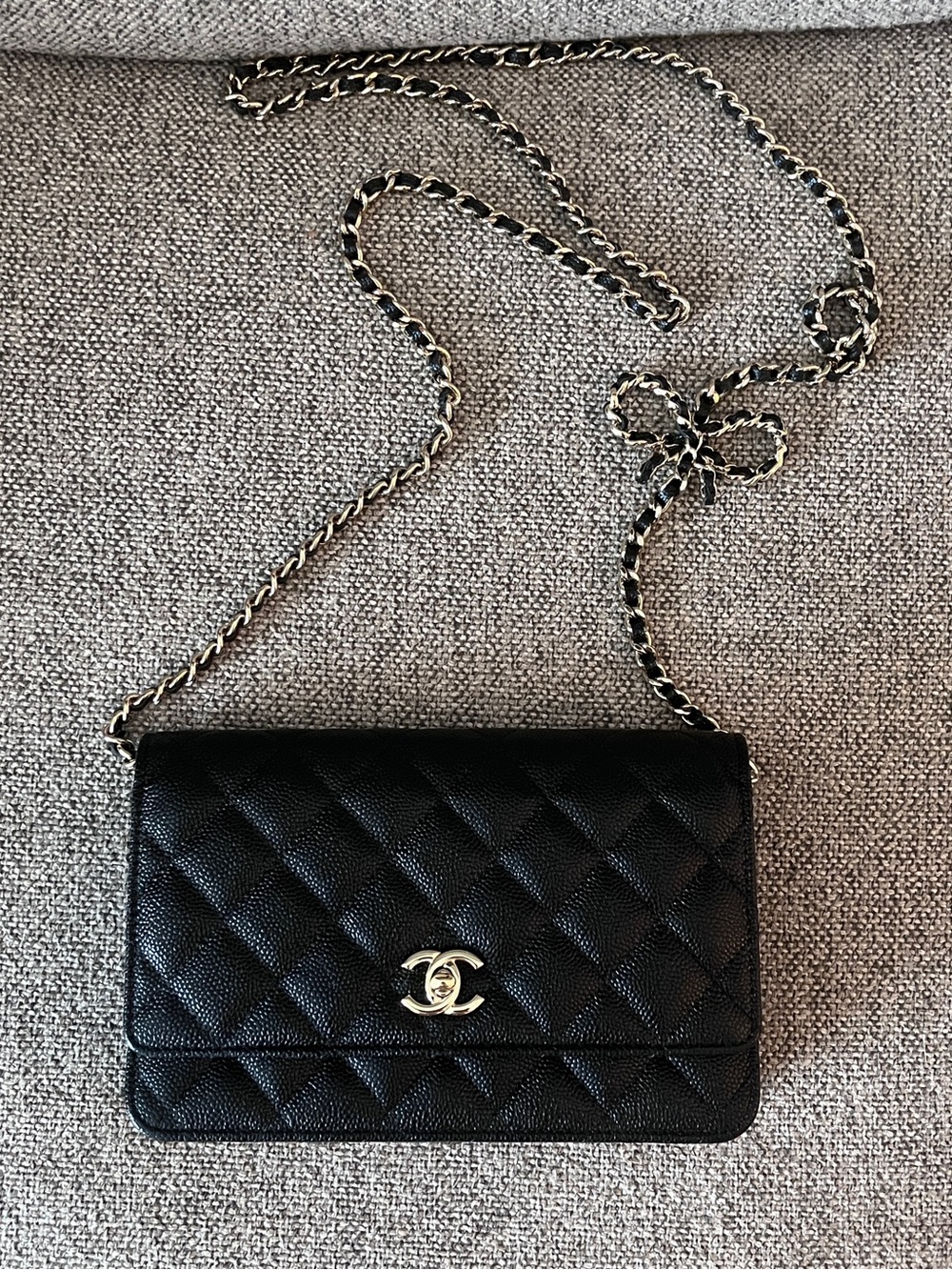 Chanel Black Caviar Turnlock Wallet on Chain WOC with Bow Chain Detail